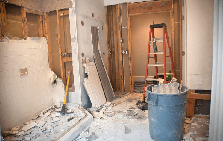 Construction and demolition debris staged for removal